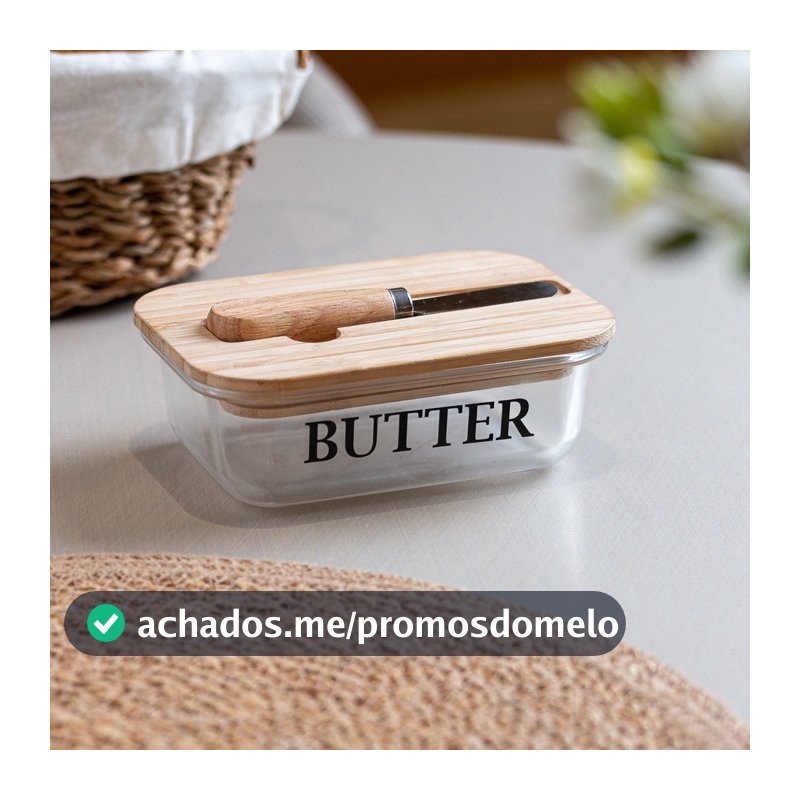 Manteigueira de Vidro com Tampa de Bambu e Espátula Wolff Basic 15cm Porta Manteiga Mesa Posta Café da Manhã Cozinha Pão