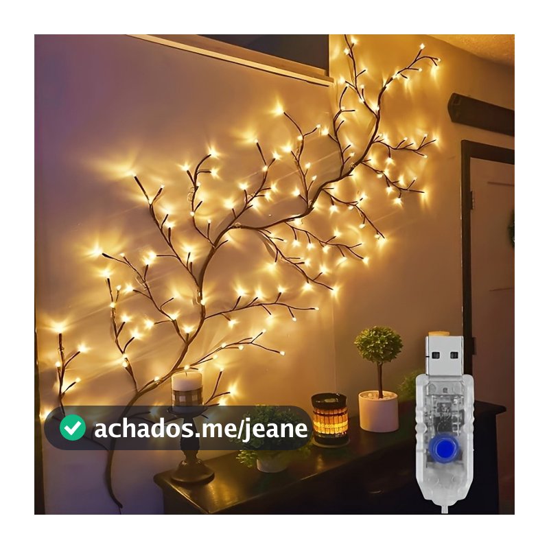 Luz de Vinha Galhos de Arvore USB 8 Modos Branco Quente 48 72 96 144 LED Decoracao