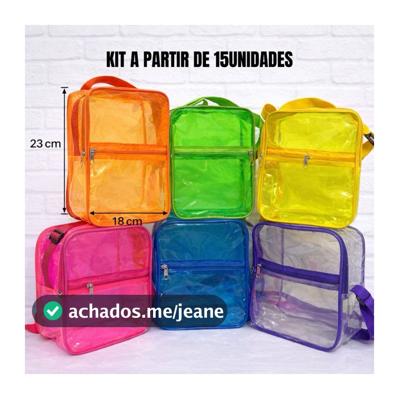 KIT COM 15 20 25 30 35 40 45 50 55 60 - MOCHILAS com ZÍPER e Alça regulável Feita em Plástico Cristal
