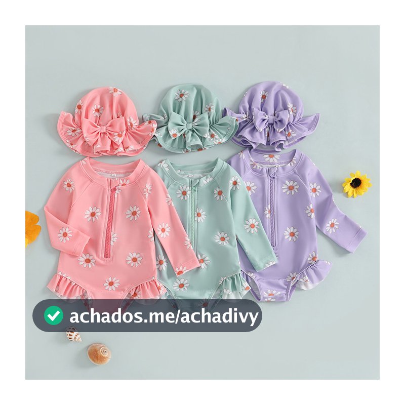 Biquíni Com Zíper E Estampa Floral De Manga Comprida Para Bebês Meninas Chapéu Roupa De Banho Recém-Nascidos