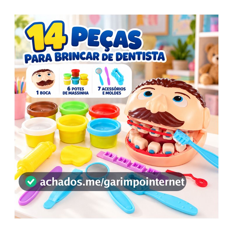 Kit Massinha Dentista Infantil 14 Peças Massa de Modelar Dentes Brinquedo Educativo com Acessórios