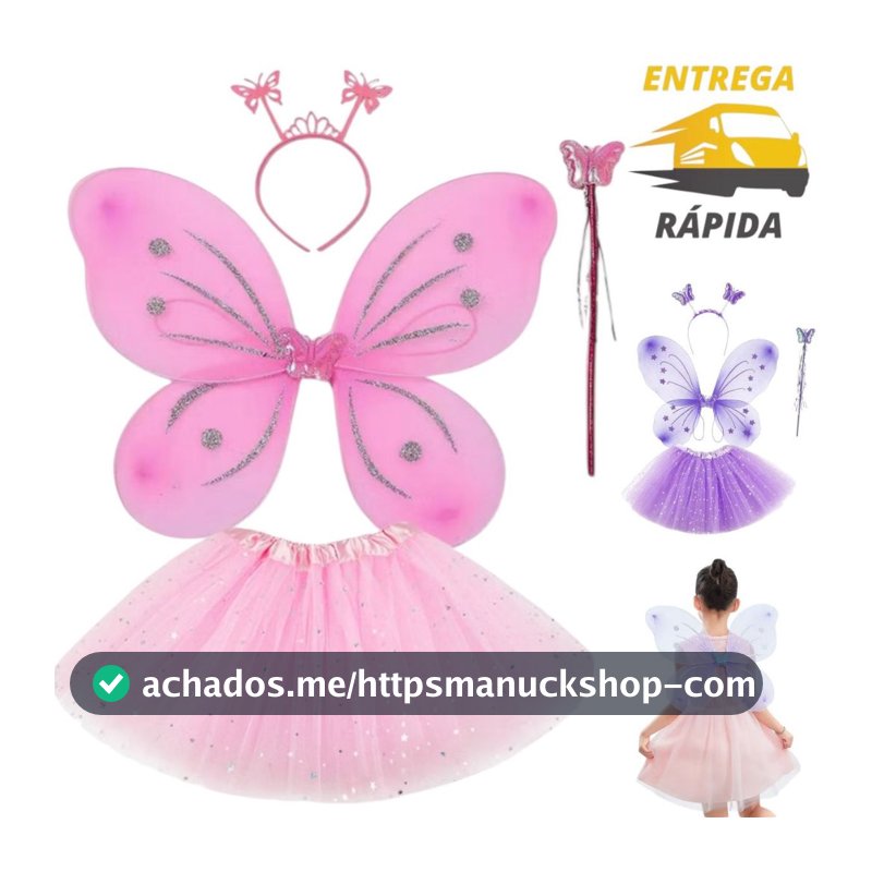 Fantasia De Fada Borboleta Asa Com Varinha, Tiara e Saia
