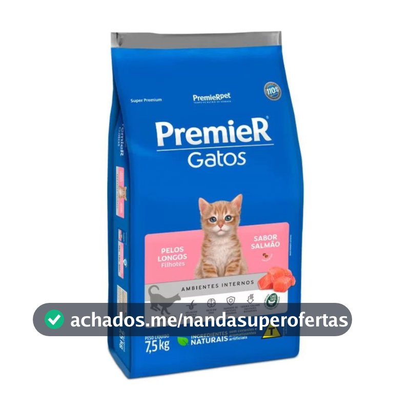 Ração PremieR Ambientes Internos gatos filhotes de pelo longo salmão 7,5Kg
