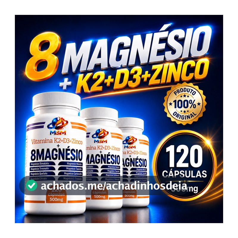 Complexo 8 MAGNESIO + Vitamina K2 D3 ZINCO DIMALATO QUELATO NAC TREONATO 120 Capsulas ORIGINAL 500mg PREMIUM