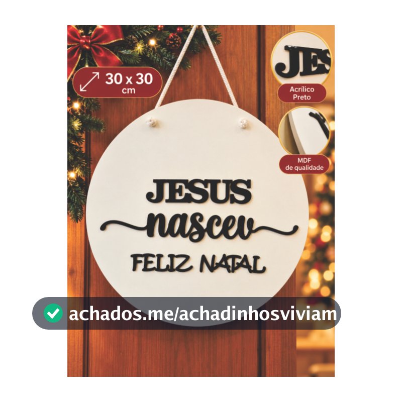 Guirlanda de Natal 30x30cm Jesus Nasceu em MDF com Acrílico Preto | Enfeite para Porta Decoração Natalina