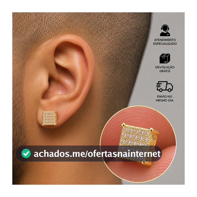 Brinco Masculino De Ouro C/ Pedras Brilhantes Quadrado Banhado a Ouro 24k Brinco Cravejado