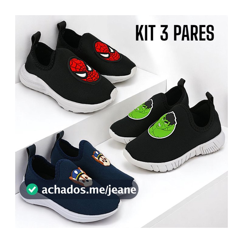 Kit 3 Pares Tênis Infantil Menino Personagens Calce Fácil Super Confortável – Uso Diário