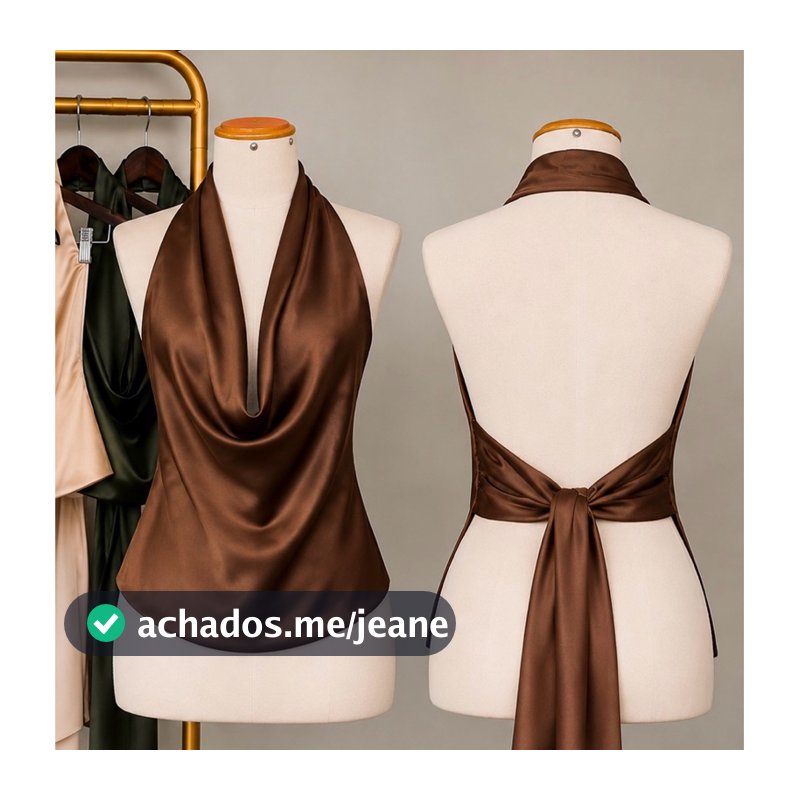 Blusa Acetinada Gola Boba Frente Única Zafira Costas Abertas Cetim Feminina Festa Elegante