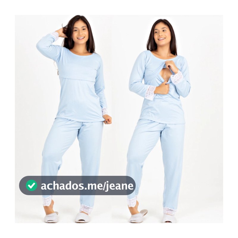 Pijama Amamentação Soft Fluffy Azul Claro Com Renda