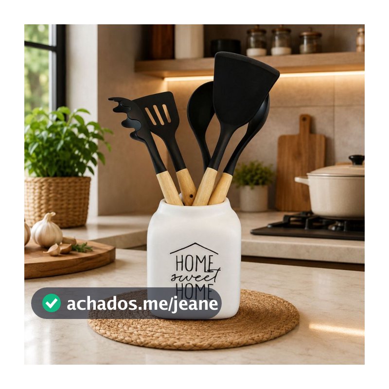 Leiteira Cerâmica Porta Talher Colher de Bambu Decoração Organizador Casa Cozinha