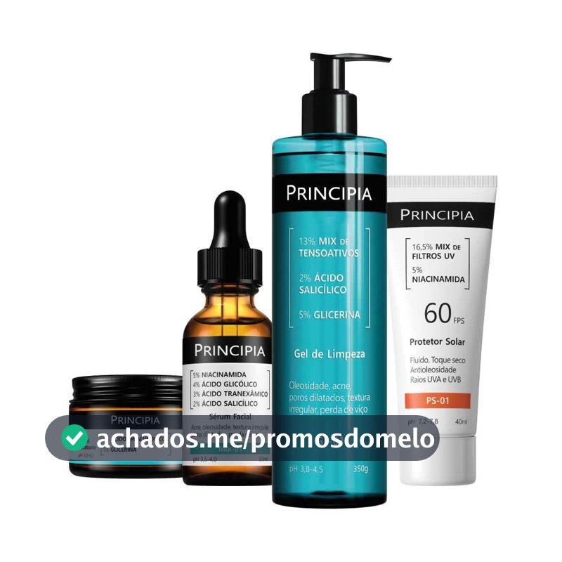 Principia Kit Anti-Acne Essencial c/ Gel de Limpeza GL-01 + Hidratação GH-01 + Sérum Mix-01 + Protetor Solar PS-01 FPS60