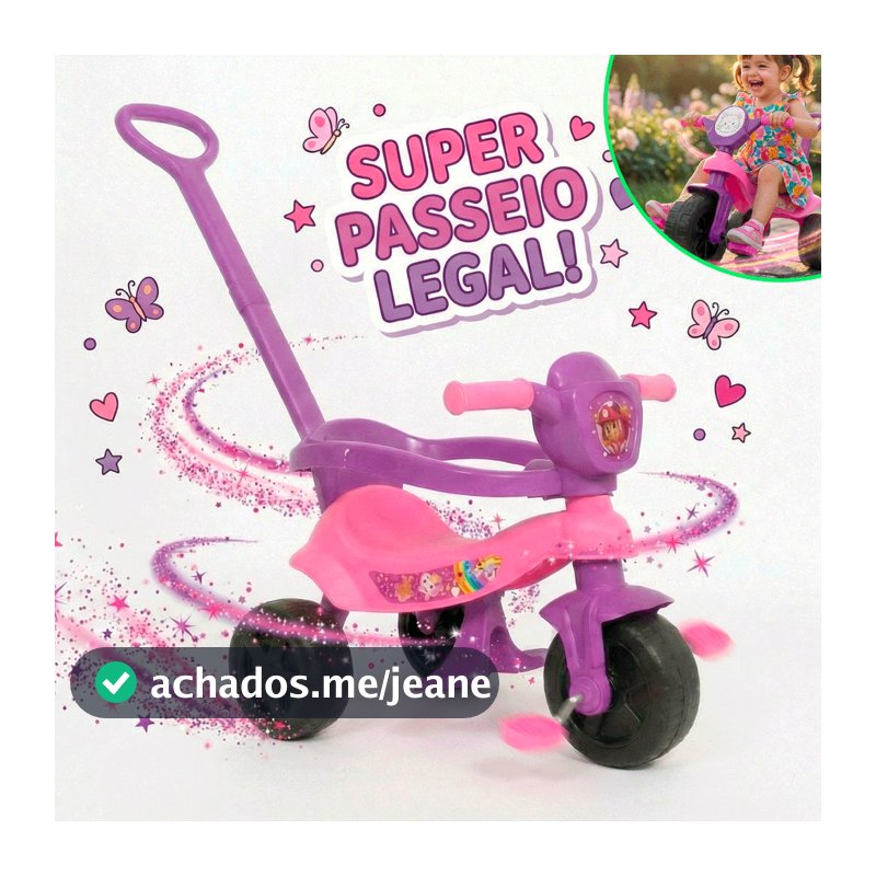 Motoca Infantil Menina 3 Rodas Rosa e Roxa Triciclo com Empurrador Velotrol Proteção Lateral Carrinho de Passeio Kendy