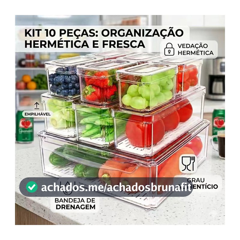 Marmita com divisórias Organizador de geladeira com cestos removíveis 10 C/ Escorredor livre de BPA