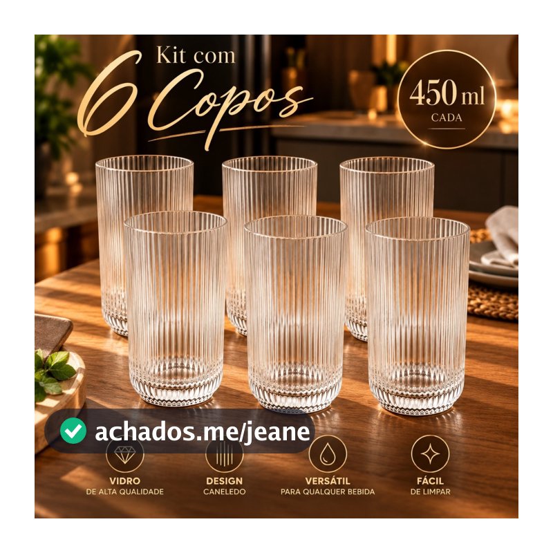 Jogo 6 Copos De Vidro Canelado 450 ML Resistente Para Água Suco E Drinks