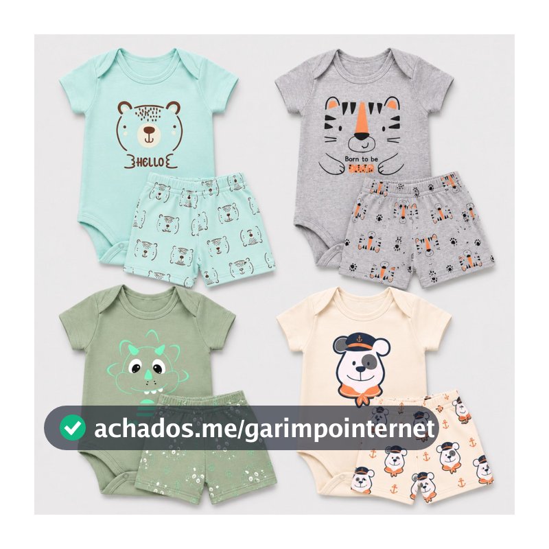 Kit 4 Peças Body Bebê Menino Fofo + Short Tapa Fralda Estampas Sortidas RN ao GG Enxoval, maternidade