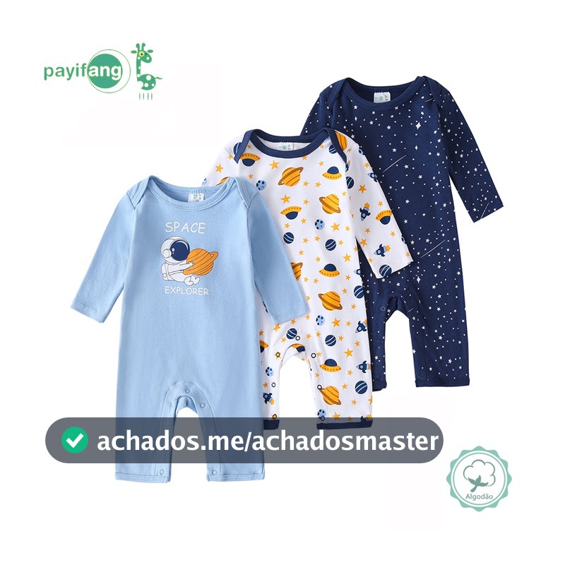 Kit 3 Macacão Bebê Menino Manga Longa 100% Algodão Temática Espaço Planetas Roupa Diária e de Dormir TM-3191
