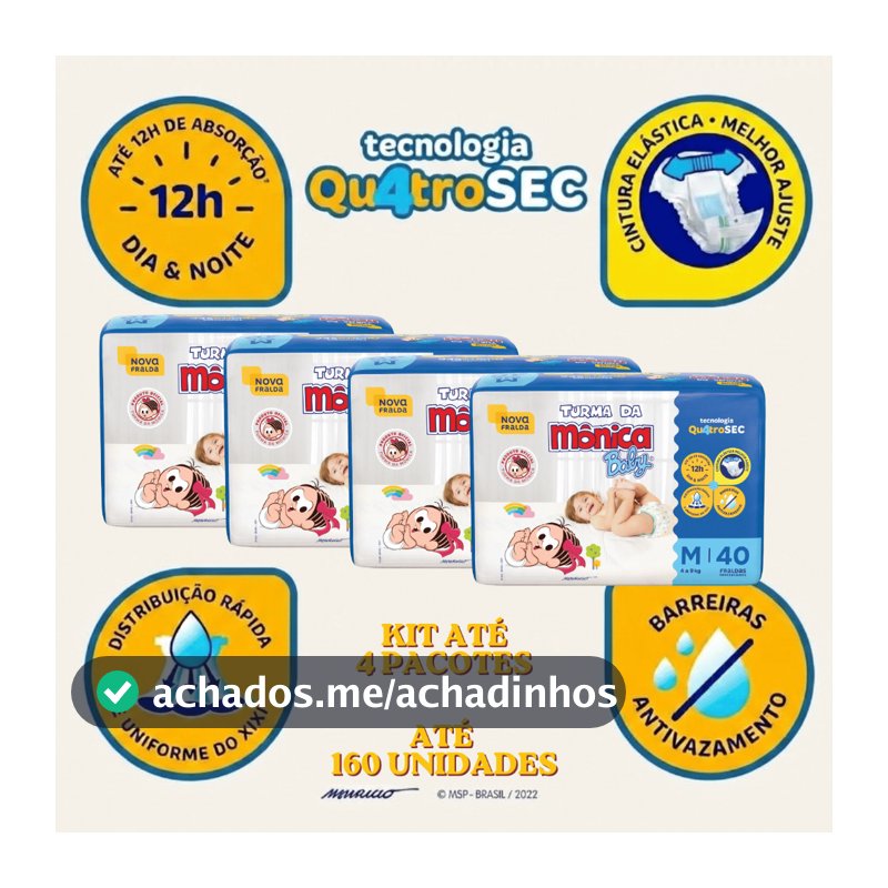 Fralda Turma da Mônica Baby M | 40, 80, 120 ou 160 Unidades | Tecnologia Qu4troSec | Tamanho M