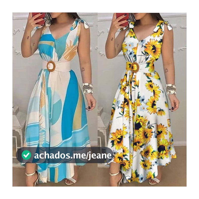 Vestido Longo Feminino Floral Boho Estampado Cinto Balanço Sem Mangas Com Decote Em V