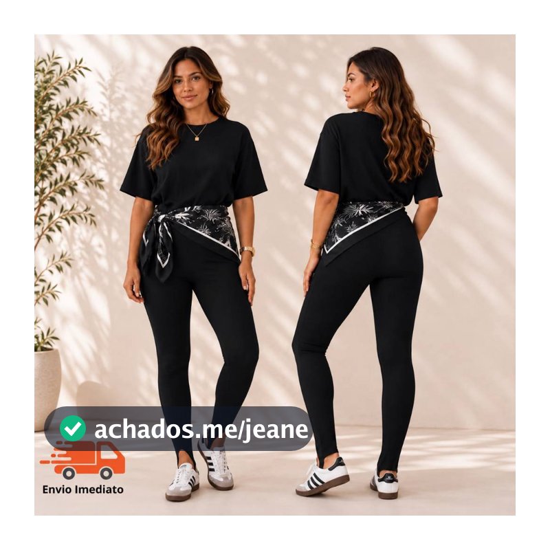 Conjunto Feminino Legging Pezinho Cintura Alta Canelada com Blusa T-Shirt Oversized Casual Versátil Premium