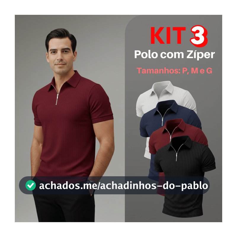 Kit 3 Camiseta Polo Com Ziper Manga Curta Masculina Camisa Básica Malha Canelada