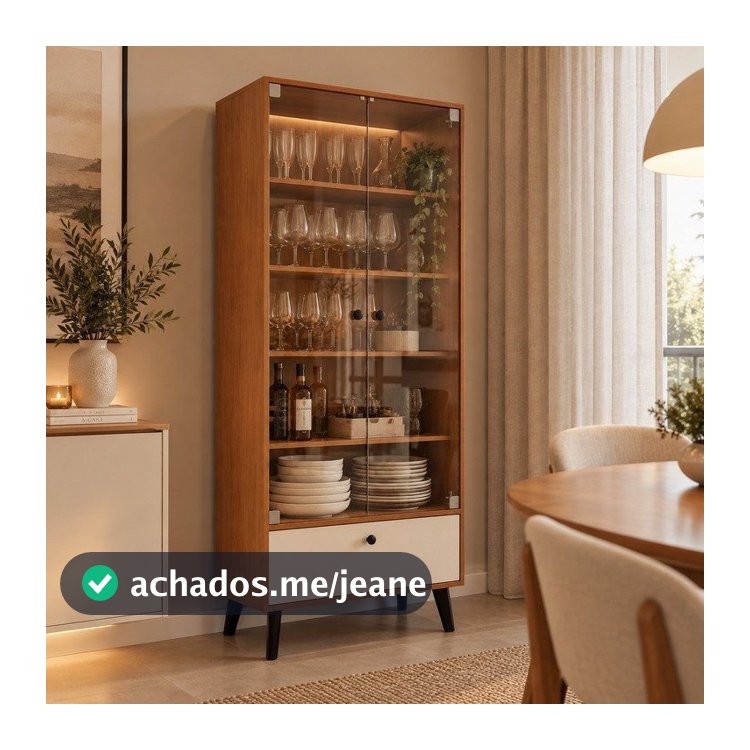 Cristaleira 2 Portas de Vidro 1 Gaveta 4 Prateleiras 75cm Creme Freijó Londres Marrom Creme/Freijó