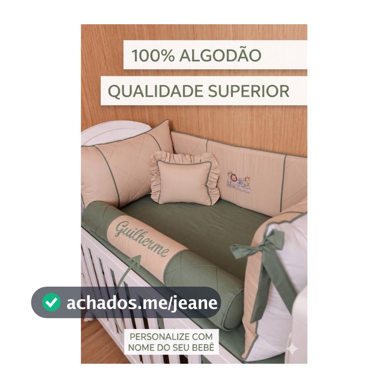 Kit Berço 100% algodão Safari Verde Militar Nude Personalizado com nome do bebê