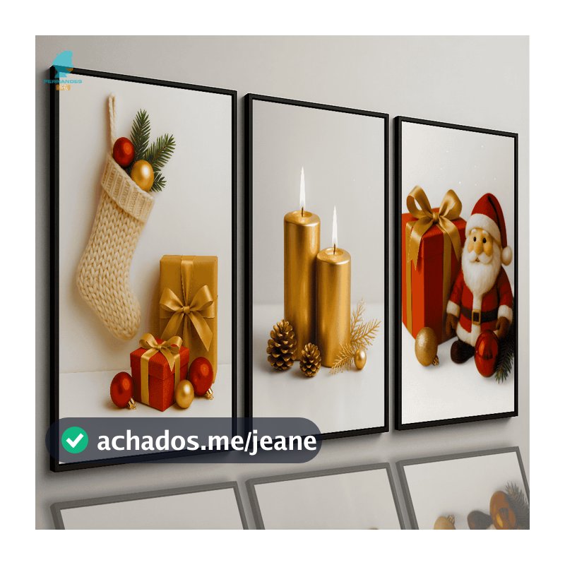 Quadros Decorativos 3 Peças Natal Velas Douradas Papai Noel e Presentes Luxo Sala