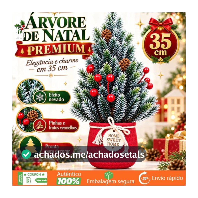 Mini Árvore de Natal Decorada 35cm com Vaso Vermelho Pinheiro Nevado Artificial Enfeite Natalino de Mesa