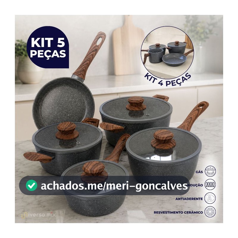 Conjunto 4 ou 5 Panelas Antiaderente Revestimento Cerâmica Fogão Indução e à Gás Grafito