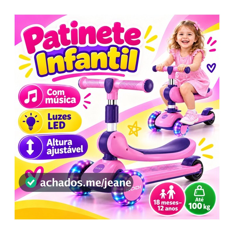 Patinete Infantil 3 em 1 com Música Dobrável 3 Rodas Luz LED Altura Ajustável Até 60kg-P15