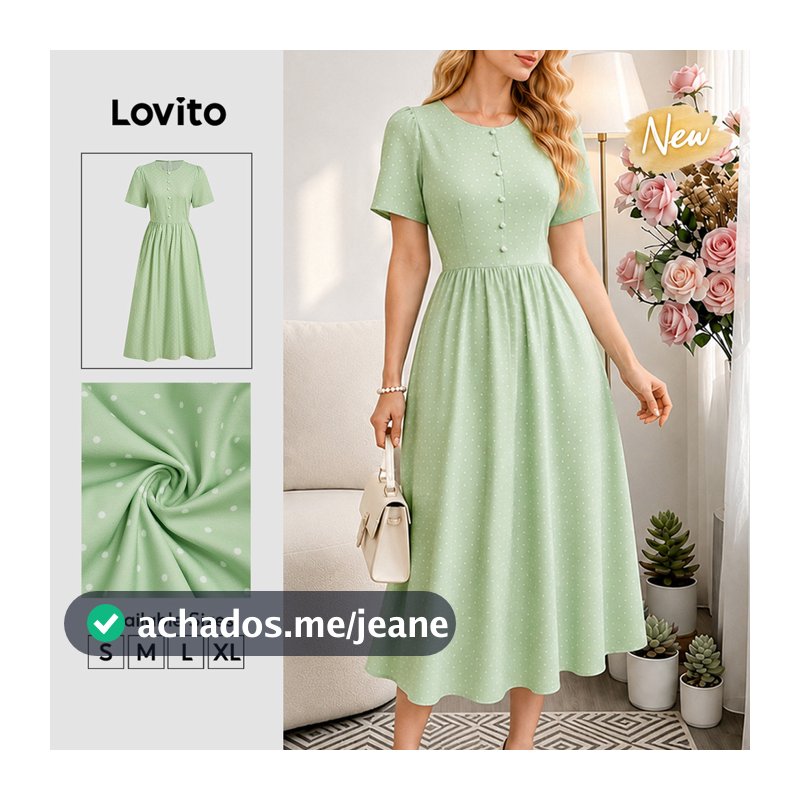 (New Arrival) Lovito Vestido Verdeclaro Feminino Casual De Bolinhas Com Botões Longo E Evasê Para Primavera/verão E Fim De Semana DRB39BR042