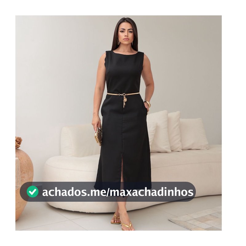 Vestido Feminino Midi Alfaiataria Alças Largas Bolsos e Fenda Sofisticada Festas