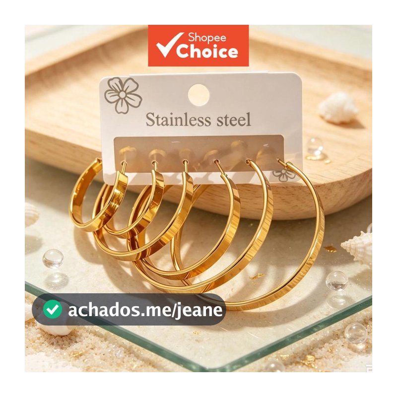 Conjunto versátil e elegante: 3 pares de brincos dourados de aço inoxidável reforçados