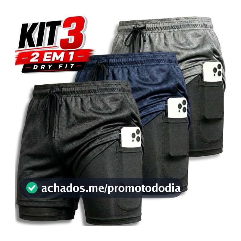 Kit 3 Shorts 2 em 1 Dryfit Masculino Academia Corrida Treino Bermuda comprime Seca Rápida Confortável Fitnes