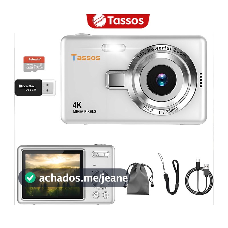 TASSOS Câmera Digital 50MP Resolução 4K Zoom 16x  para Vlog Presente Infantil com Cartão de Memória 32GB