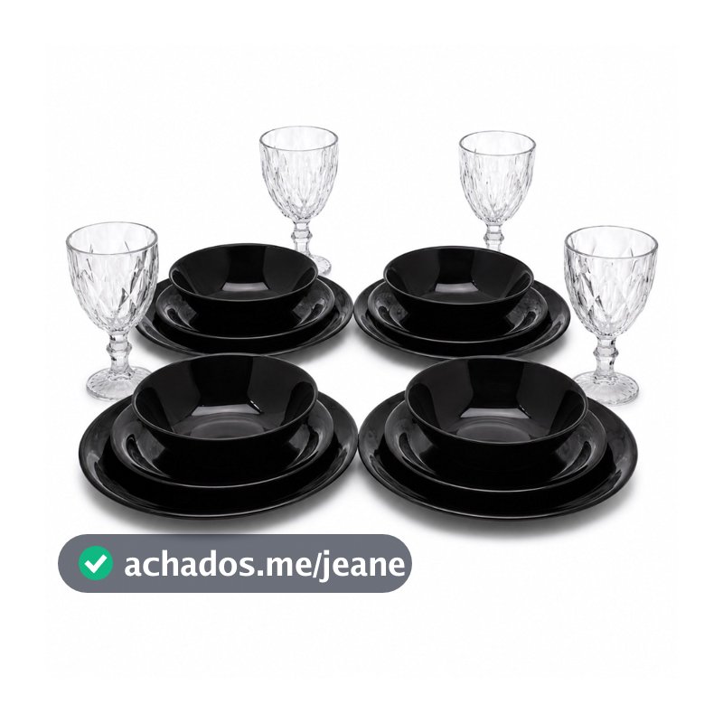 Jogo De Jantar Vidro Preto 16 Peças Pratos Tigelas E Taça Diamond