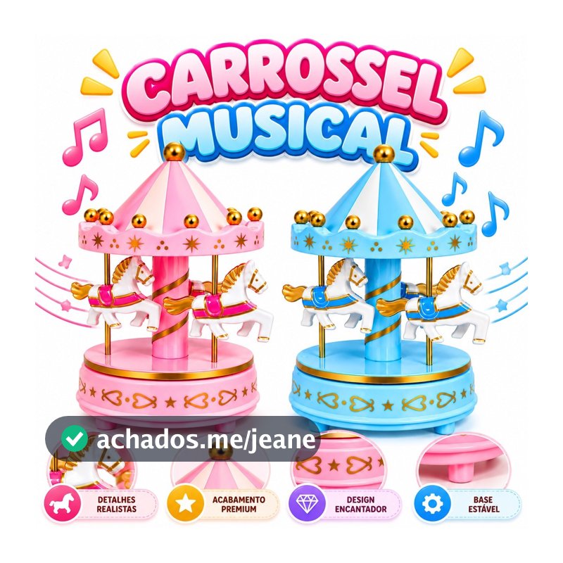 Carrossel Musical Caixa Musical Decoração Quarto de Bebê Cavalinhos de Corda 20cm