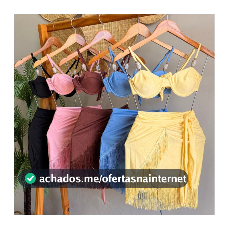 Kit 3 Peças Biquíni + Saia c/ Franjas Aro Regulagem Amarração Pedraria Poliamida Cores Premium Moda Praia