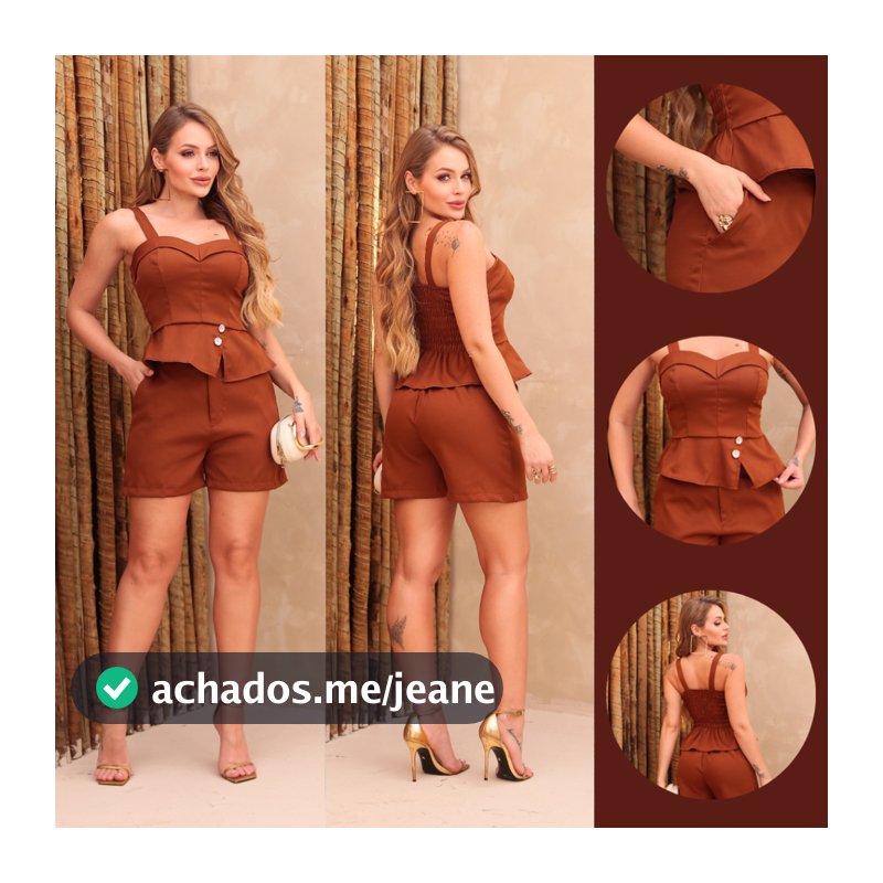 Conjunto Feminino Social com Blusa Acinturada e Short de Alfaiataria Roupa Elegante Moderna