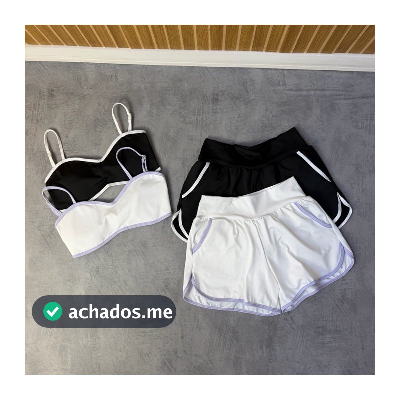 Conjunto Fitness Feminino Top E Short Duplo Bicolor Cintura Alta Blackout