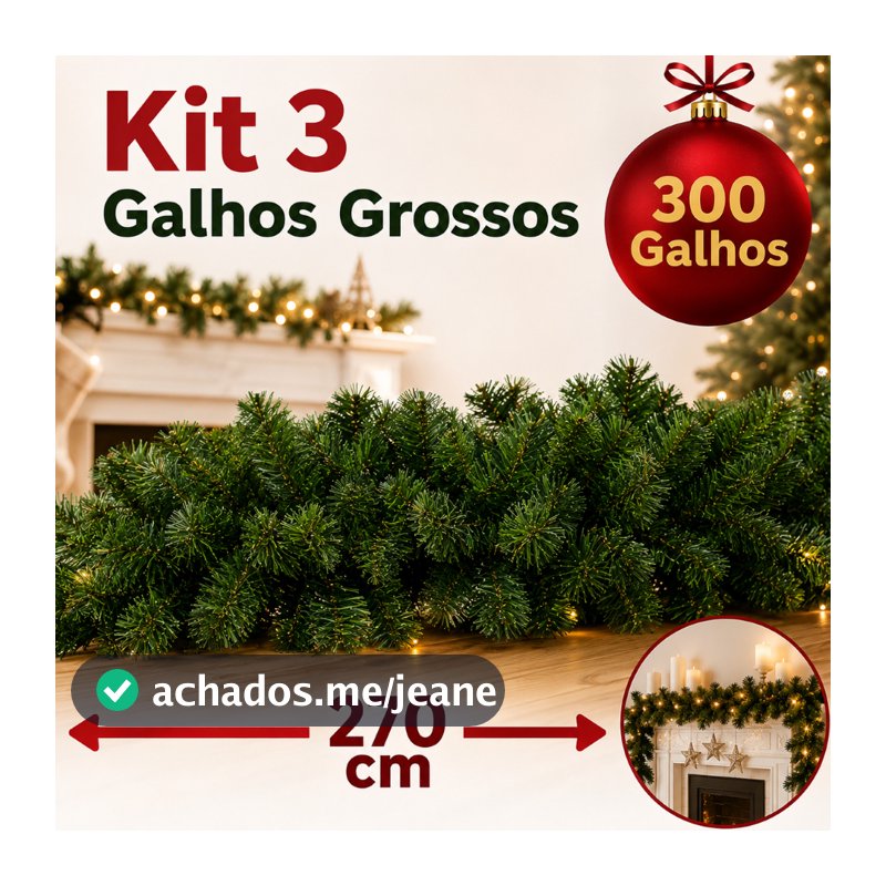 Festão Aramado Natal Galhos Grossos Cheio 180cm e 270cm Verde Decoração Enfeite p/ Montar Guirlanda