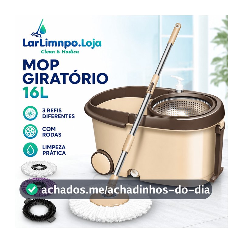 Esfregão Mop Giratório 16L com Cesto Inox, Cabo 140cm e 3 Refis – Rodo 360° para Limpeza de Pisos