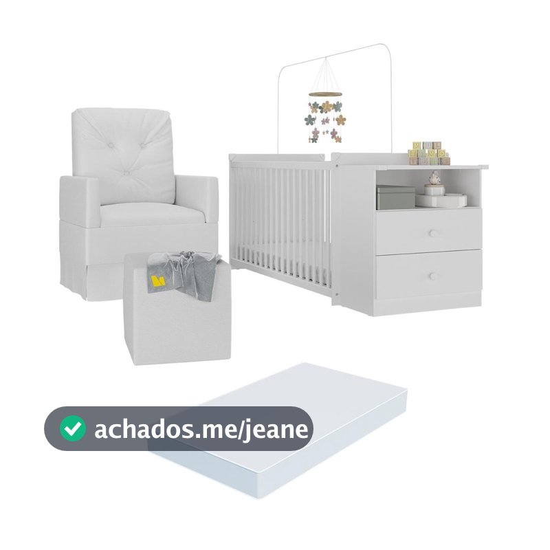 Berço Cômoda com Colchão, Poltrona de Amamentação e Puff Meu Bebê Multimóveis MP4108