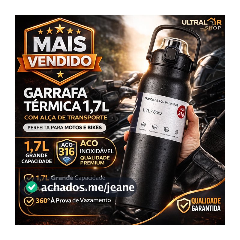 Garrafa Térmica Aço Inoxidável 1700, 900ml Prática Versátil Fácil Alça Para Transporte Com Canudo