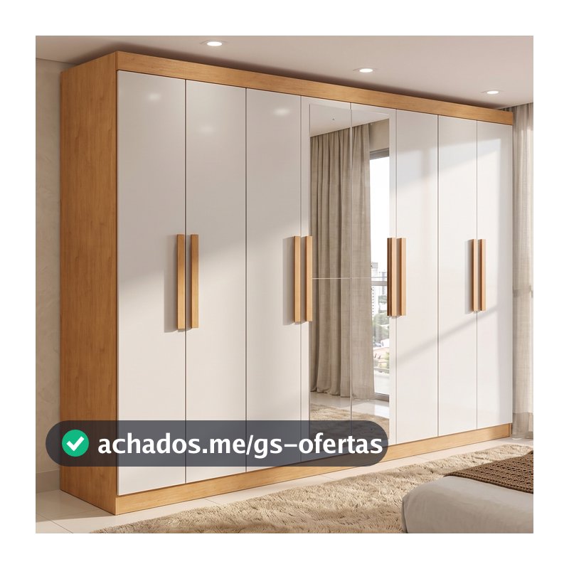 Guarda-roupa Casal Easy Slim 8 Portas Com Espelho Amendoa Clean/Off White