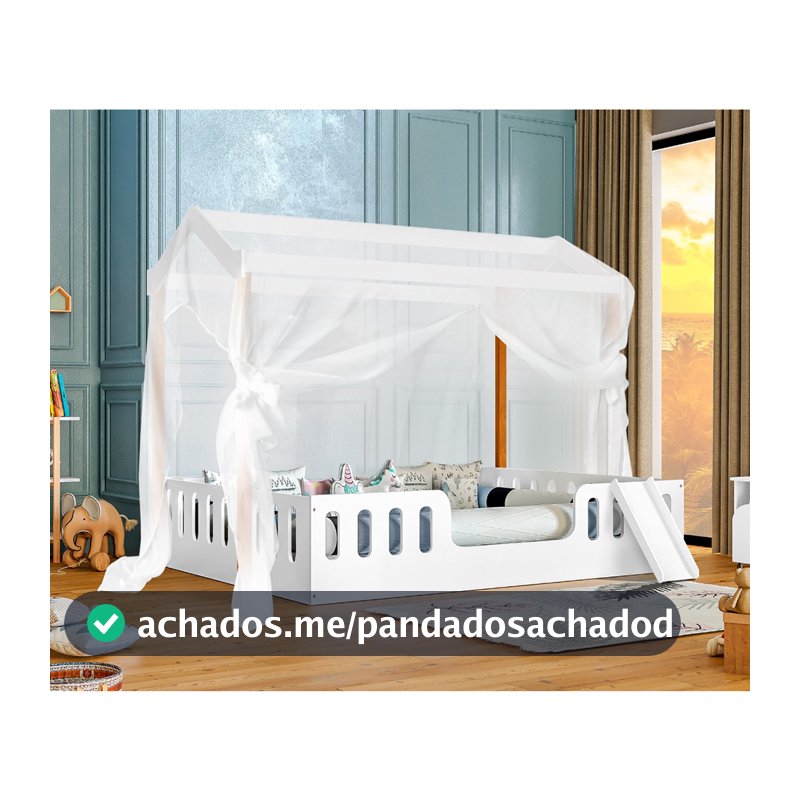 Cama De Criança Infantil Criança Casal Ágatha Branca/Amêndoa Com Escorregador E Voal Branco -