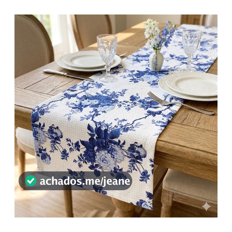 Caminho Trilho De Mesa Piquet Floral Azul 1,40x0,35 Decoração