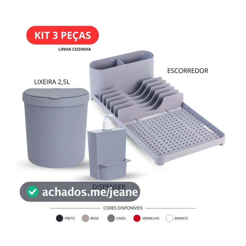 Kit 3 Peças Organizador de Pia Cozinha Lixeira 2,5L Escorredor Louça Dispenser Detergente