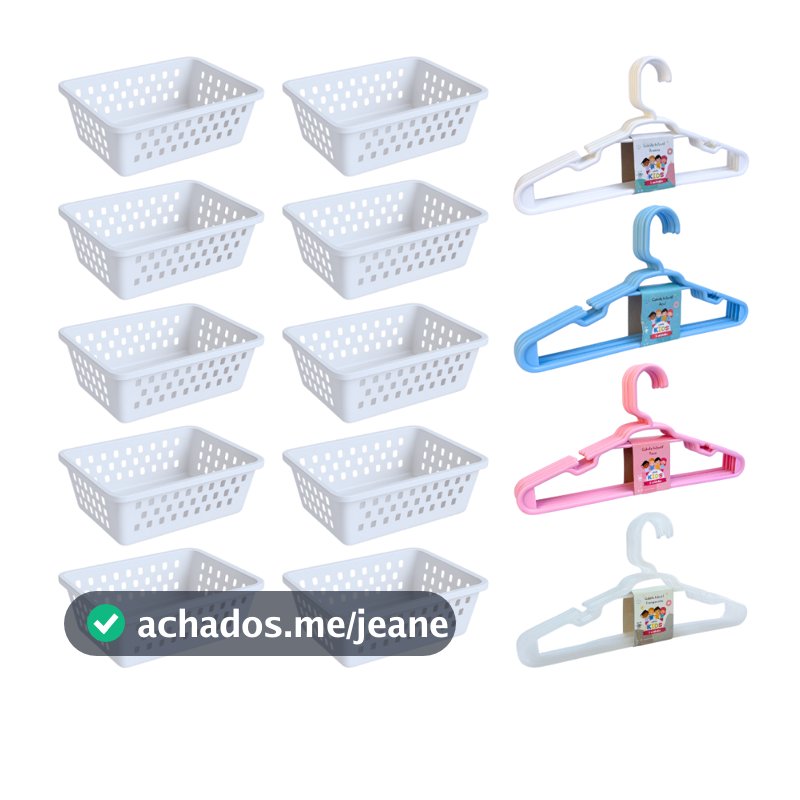 Kit 10 Cesto Organizador e 20 Cabide Infantil Branco Rosa Transparente Azul