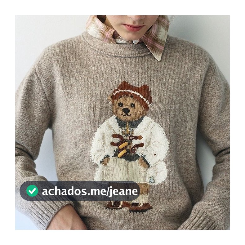 Suéter Pulôver De Urso Bordado Cáqui Rosa Cabo Vintage Tricotado 202601